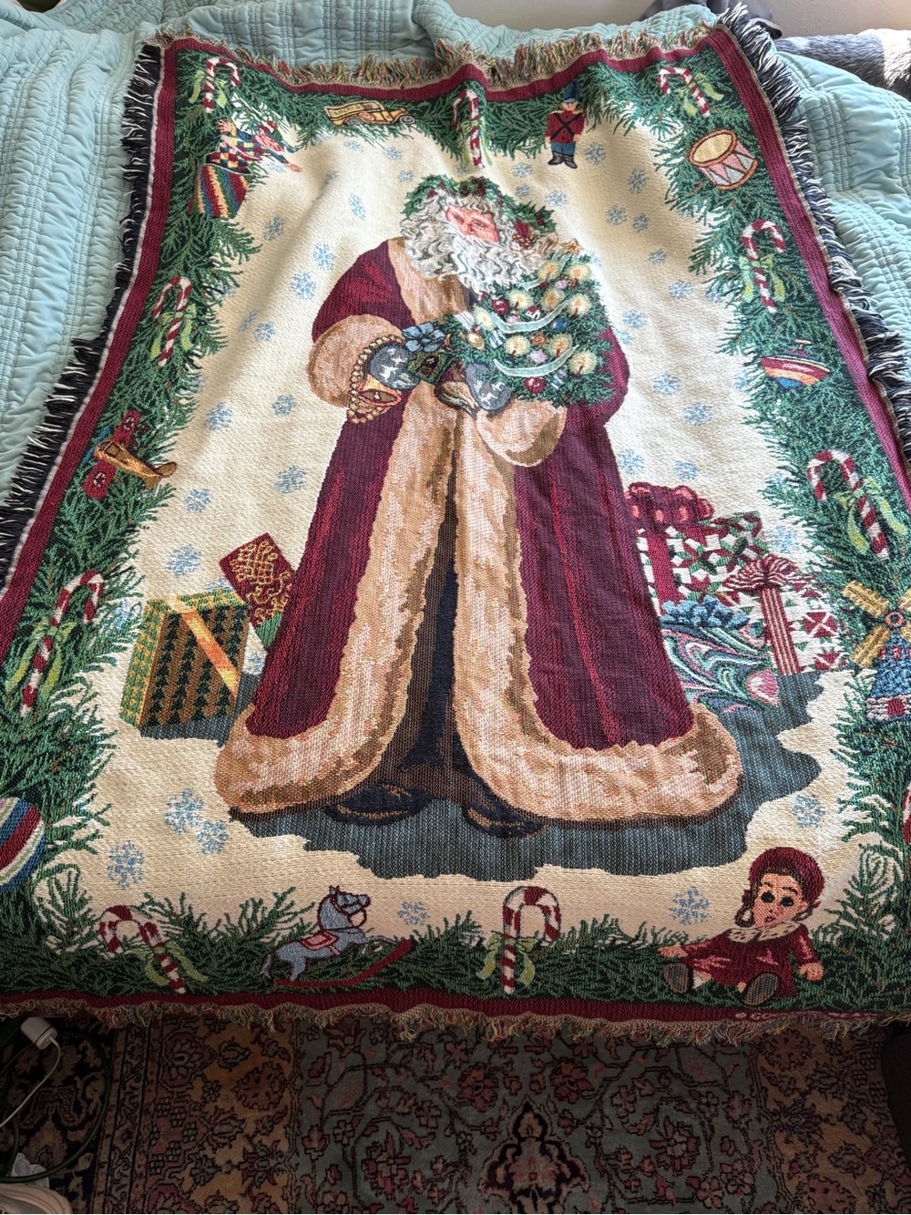 Goodwin Weaver Old World Christmas Santa Tapestry Fringe Throw Blanket 64x44 USA